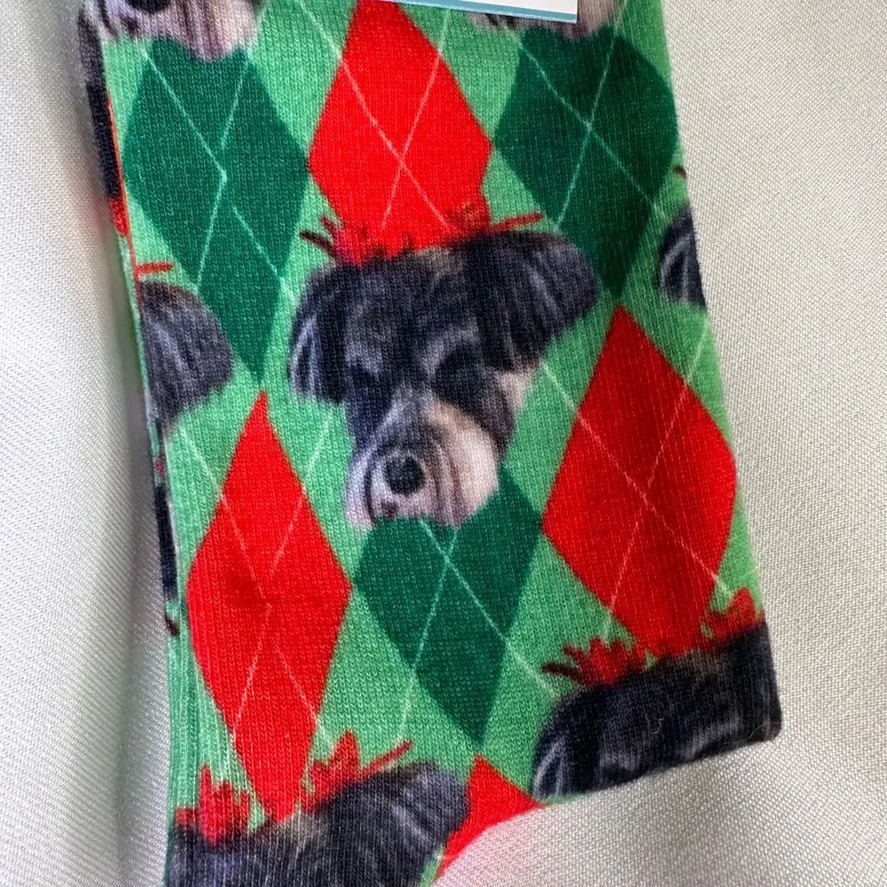 Divvy Up Christmas Socks Scottie Dog Argyle Green Red Holiday Novelty Crew Socks